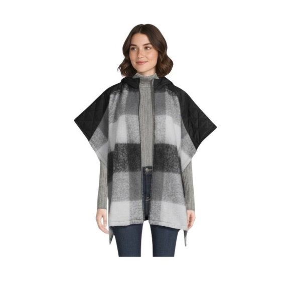 Time And Tru Black Plaid Hooded Zipper Poncho Sweater - Picture 7 of 11